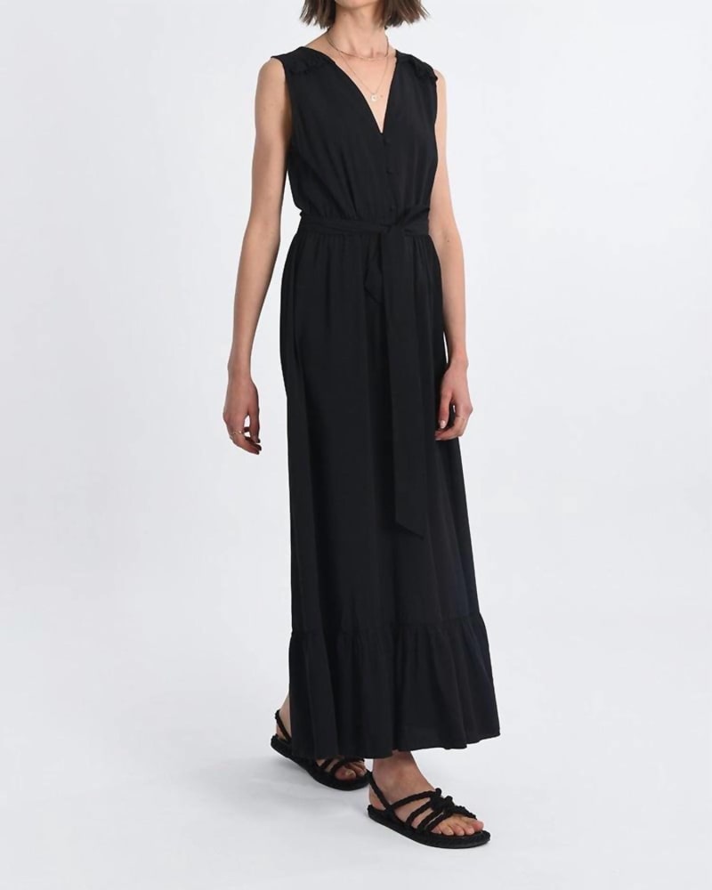 Front of a model wearing a size Extra Large Flounced Long Dress In Black in Black by MOLLY BRACKEN. | dia_product_style_image_id:342449